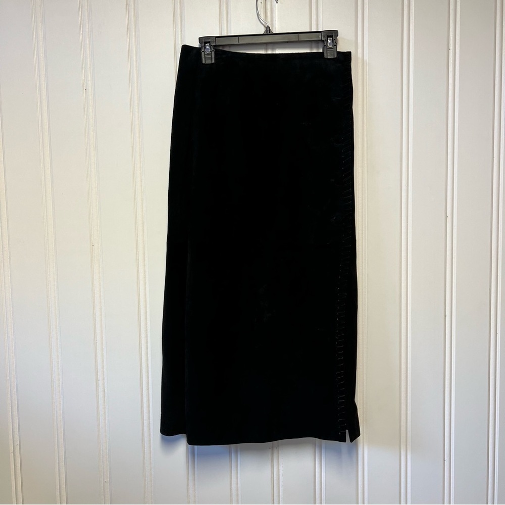 Vintage Cedars Black Suede Leather Skirt Size 12 Midi Pencil Skirt Button Detail